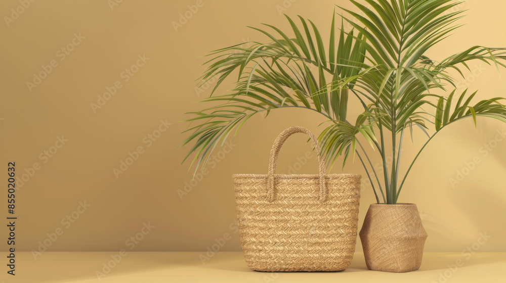 Wicker bag and potted plant on beige background, minimalistic interior decor concept Wicker bag and potted plant on beige background, minimalistic interior decor concept