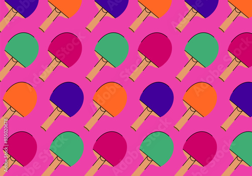 Trendy table tennis seamless pattern. Multicolored texture of a tennis racket on a pink background. Vector flat design vector concept of ping pong. Bright design template for use in decor and printing