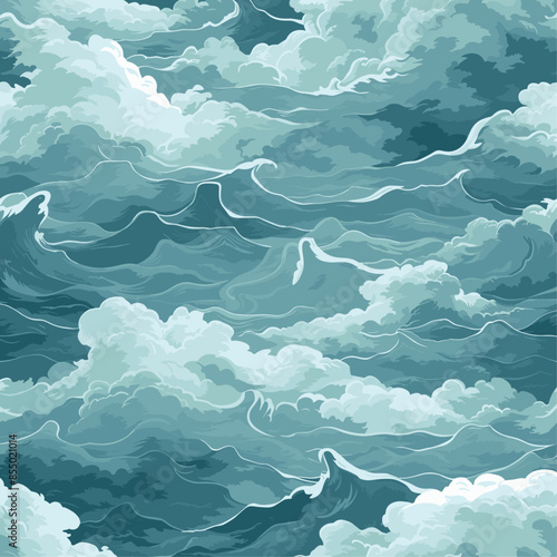 Seamless stormy ocean wave pattern with turbulent, cloud-filled sky. Ideal for fabrics, wallpapers, and backgrounds, this design captures the dramatic essence of the sea