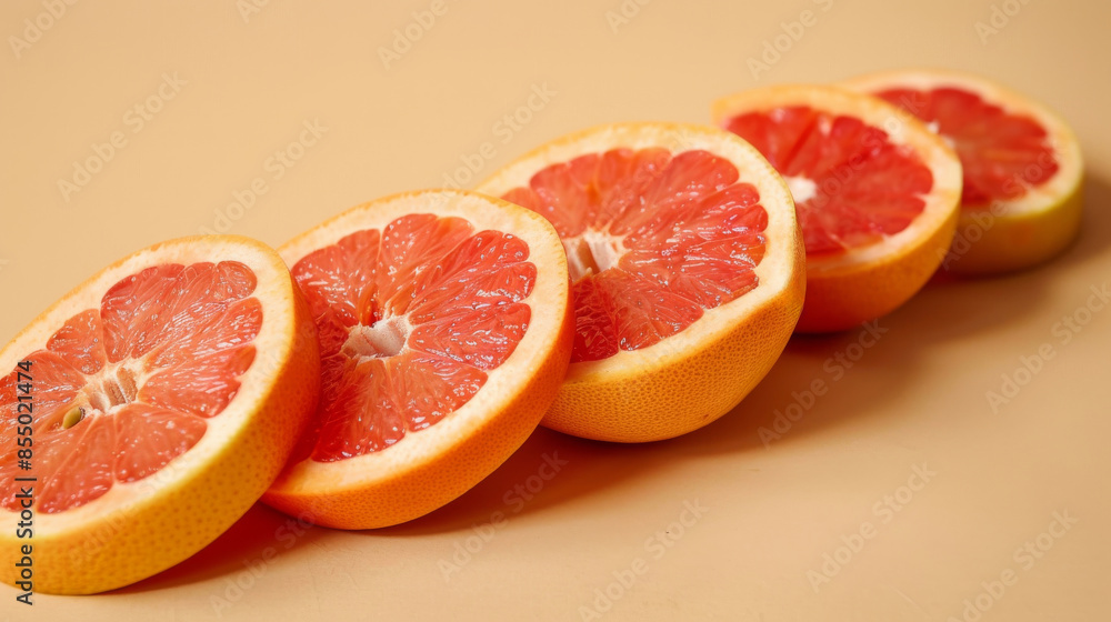Sliced grapefruits on a beige background, close-up. Fresh and healthy food concept Sliced grapefruits on a beige background, close-up. Fresh and healthy food concept