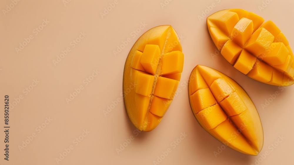Fototapeta premium Sliced mango halves on beige background, fresh and ripe tropical fruit concept