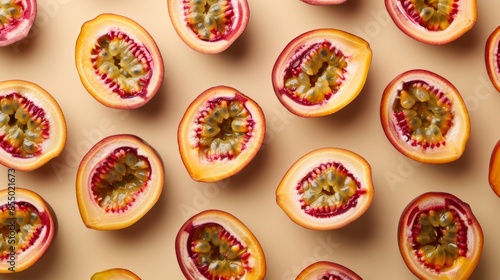 Sliced passion fruit halves arranged in pattern, bright and colorful food