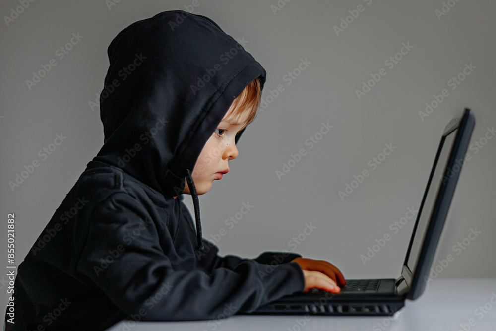 Little boy in a black hoodie is using a laptop on a gray background. Side view. Children with computer or cyber knowledge. Little boy in a black hoodie is using a laptop on a gray background. Side view. Children with computer or cyber knowledge.
