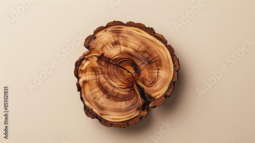 Tree trunk cross-section with visible growth rings on beige background, nature and texture concept