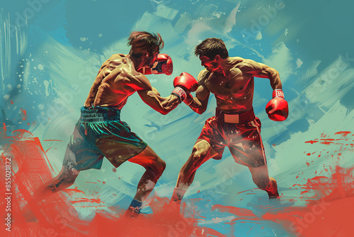 Mix martial art digital portrait, Ethereal wrestling concept Art, eye catching surreal boxing people, Creative fantasy fighting MMA figures, 2 boxing Duo, Powerful Boxing banner, Boxers in Action