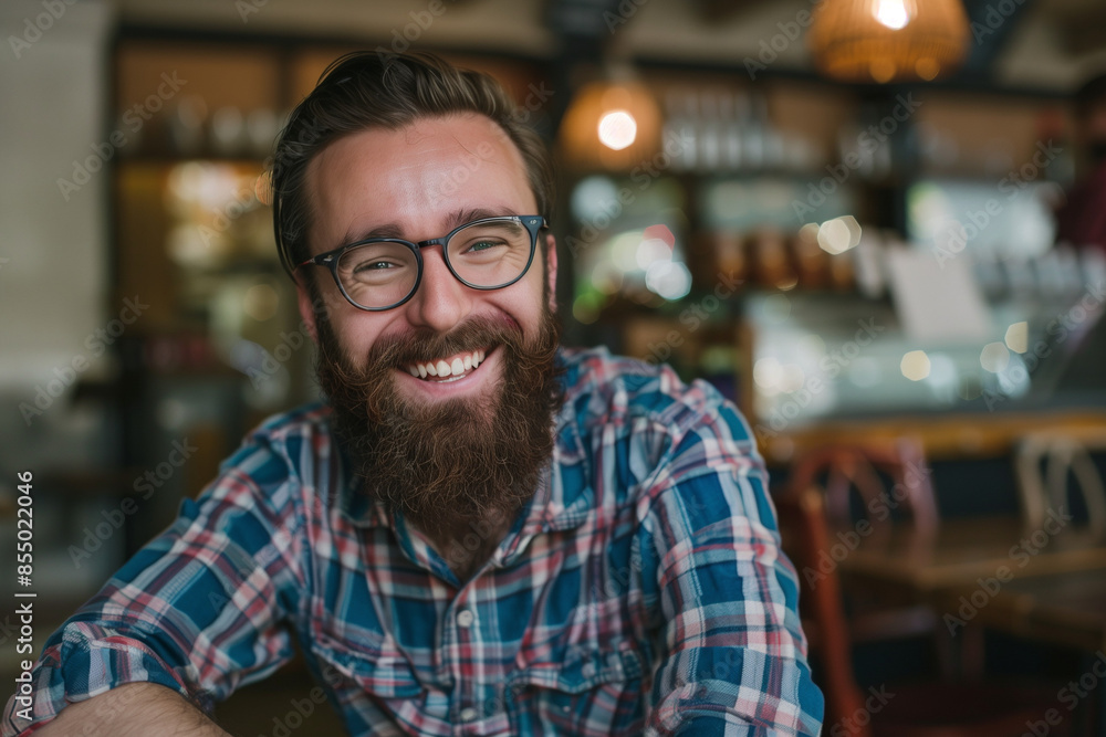 Bearded man sitting in a cozy cafe, smiling at the camera Bearded man sitting in a cozy cafe, smiling at the camera