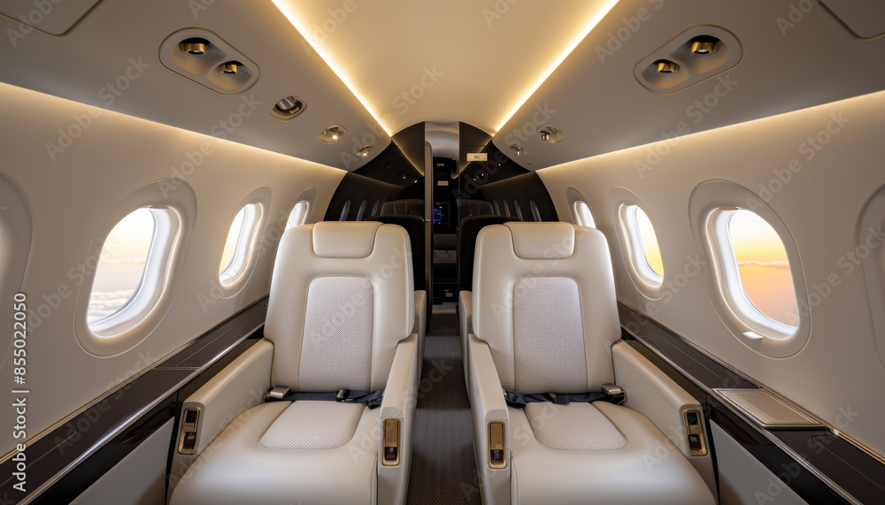 Obraz premium The interior of a plane is shown with two seats, one of which is empty