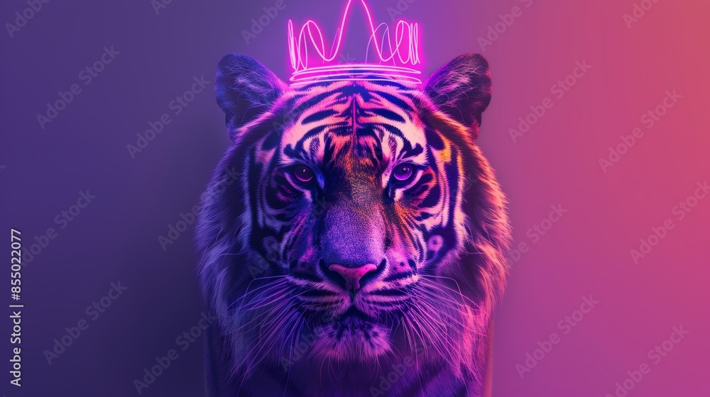 Tiger with neon purple crown, vibrant colors. Modern digital art concept Tiger with neon purple crown, vibrant colors. Modern digital art concept