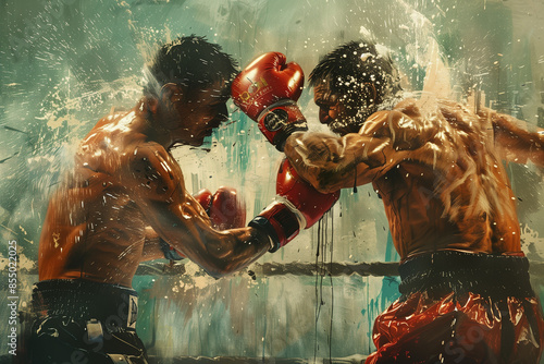 Mix martial art digital portrait, Ethereal wrestling concept Art, eye catching surreal boxing people, Creative fantasy fighting MMA figures, 2 boxing Duo, Powerful Boxing banner, Boxers in Action