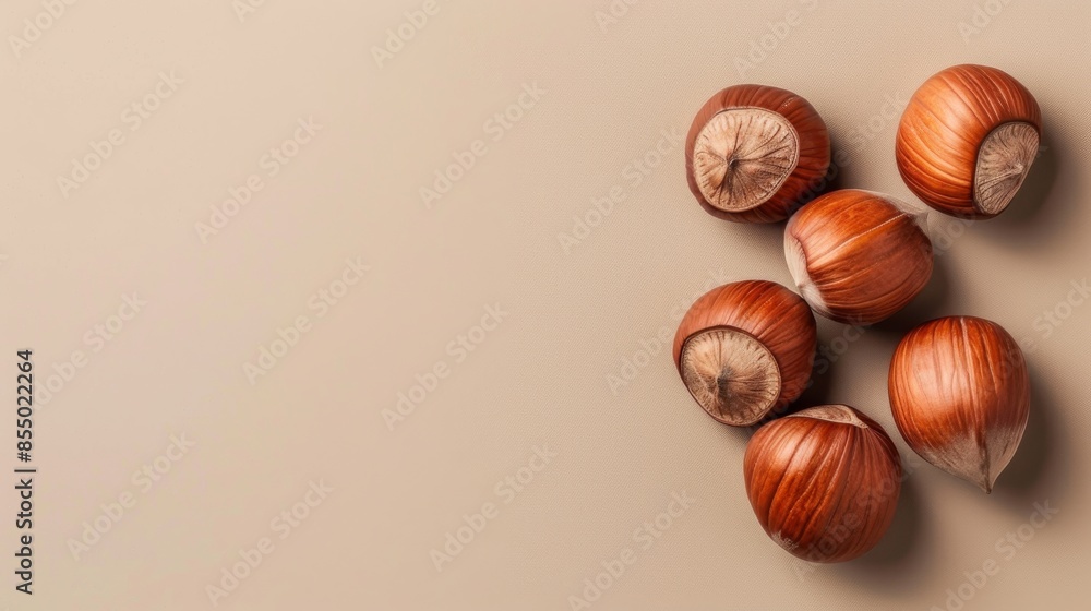 Hazelnuts on a beige background, top view. Healthy eating and organic food concept Hazelnuts on a beige background, top view. Healthy eating and organic food concept
