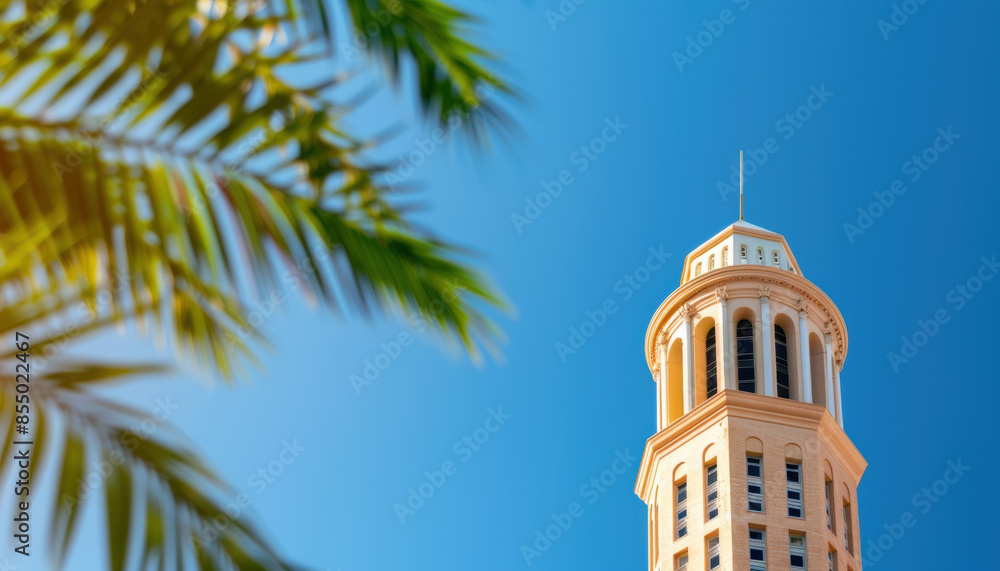 A tall building with a palm tree in the background A tall building with a palm tree in the background