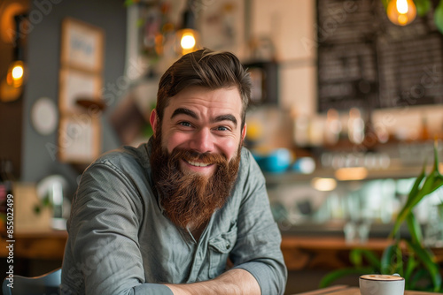 Bearded man sitting in a cozy cafe, smiling at the camera