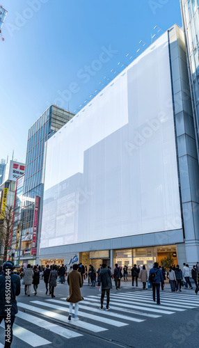 Urban Street Scene with Large White Building, People Crossing at Crosswalk, High rise Structures, Busy City Life, Urban Architecture, and Modern City in Daylight photo