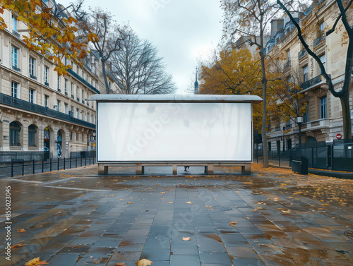 Blank Urban Billboard Display in a Quiet Autumn City Street with Leafless Trees and Fallen Leaves on a Wet, Empty Pavement Surrounded by Classic Architecture Buildings in Soft Light photo
