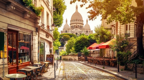 Fototapeta Naklejka Na Ścianę i Meble -  The romantic streets of Montmartre in Paris, showcasing quaint cafes, cobblestone paths, and the iconic Sacrur Basilica.