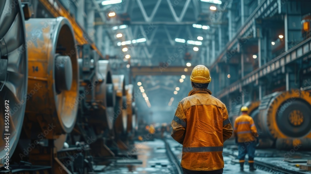Heavy industrial workshop scene with large scale machinery equipment and workers in protective gear such as hard hats overalls Heavy industrial workshop scene with large scale machinery equipment and workers in protective gear such as hard hats overalls