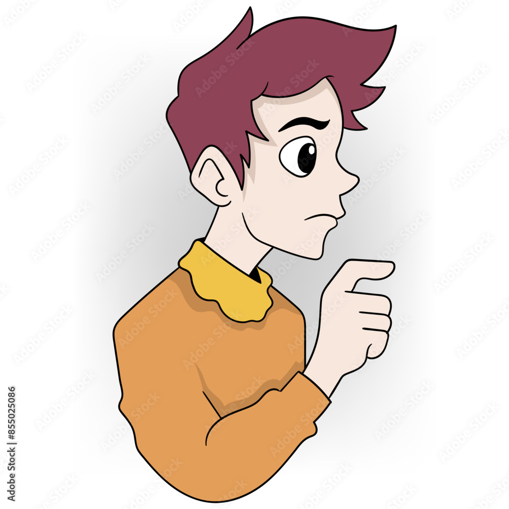 boy has an angry face with his hands pointing