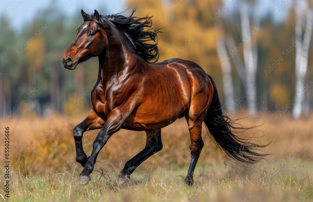 Brown Horse Running Through Field of Grass on Sunny Day Brown Horse Running Through Field of Grass on Sunny Day
