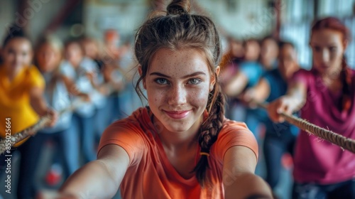Confident Young Female Employee Smiling and Participating Enthusiastically in a Corporate Team Building Training or Workshop Session with Group of Colleagues