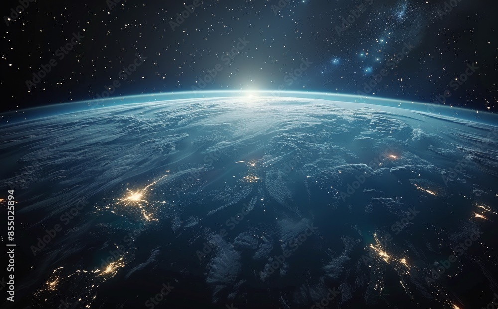 Earthrise Over Nighttime City Lights With Milky Way and Shooting Stars Earthrise Over Nighttime City Lights With Milky Way and Shooting Stars