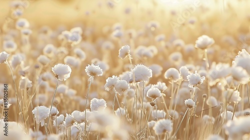 Cotton grass with white flowers against a blurred beige background, 16:9 photo