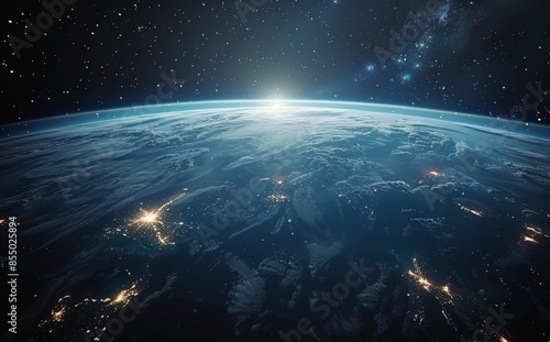Earthrise Over Nighttime City Lights With Milky Way and Shooting Stars