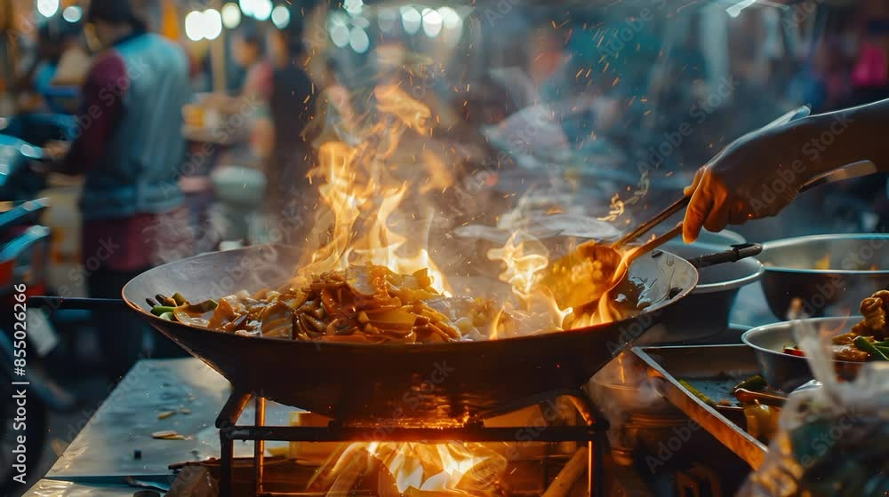 Dramatic wok cooking performance with flames and sizzling food. Captivating street food market scene Dramatic wok cooking performance with flames and sizzling food. Captivating street food market scene