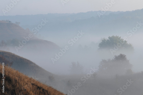 Fog in the autumn morning, trees and mountains in the fog, natural natural background.