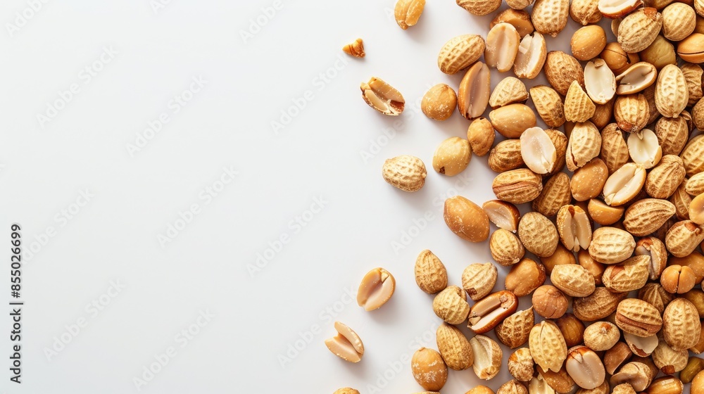 Shelled peanuts on white background with space for text top view pattern Shelled peanuts on white background with space for text top view pattern