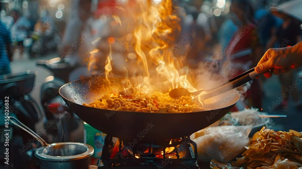 Dramatic wok cooking performance with flames and sizzling food. Captivating street food market scene Dramatic wok cooking performance with flames and sizzling food. Captivating street food market scene