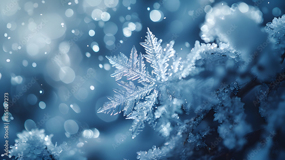 Closeup macro photo of a Snowflake on a blue background, winter, ice and frost theme Closeup macro photo of a Snowflake on a blue background, winter, ice and frost theme