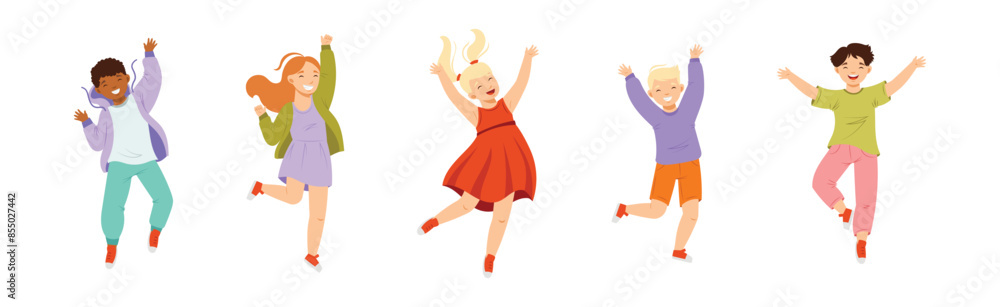 Jumping Kids Feeling Happiness and Excitement Having Fun Vector Set Jumping Kids Feeling Happiness and Excitement Having Fun Vector Set