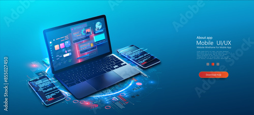 High-tech digital interface displayed on laptop, two smartphones, showcasing futuristic design elements advanced user interfaces in a blue-themed environment. Web development, coding and programming.