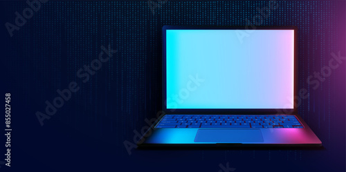 A sleek laptop with a gradient screen, illuminated in blue and pink hues, set against a dark background with falling binary code. Perfect for technology, cybersecurity, and digital concepts. Vector