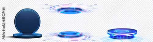 A set of futuristic HUD interface elements with a glowing blue design on a transparent background. These high-tech graphics are perfect for digital presentations. Blue glowing neon game portal.