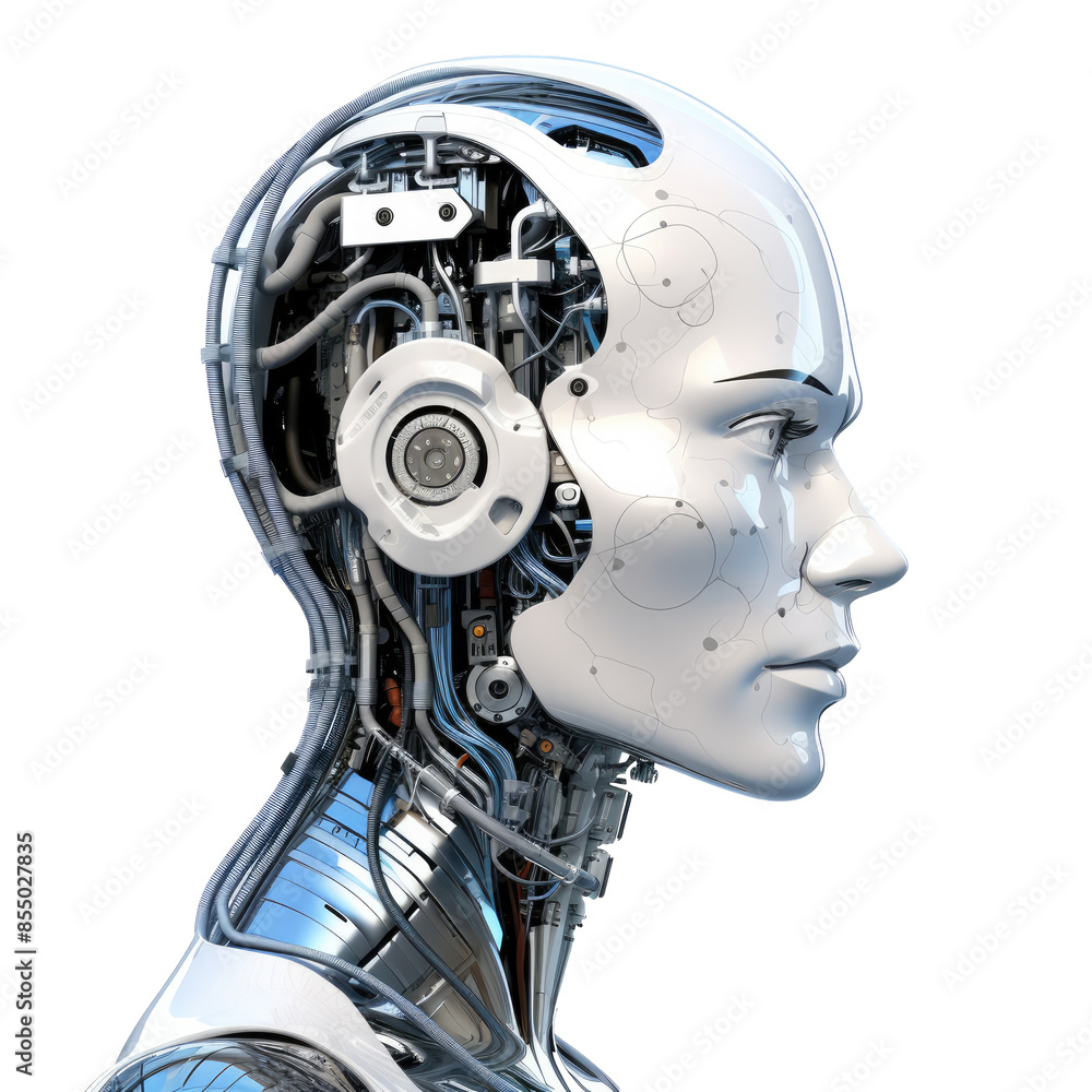 An illustration of a female robot head with a strong facial expression seen from the side