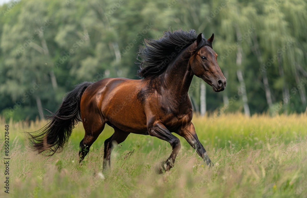 Bay Horse Running Through Green Meadow in Summer Bay Horse Running Through Green Meadow in Summer