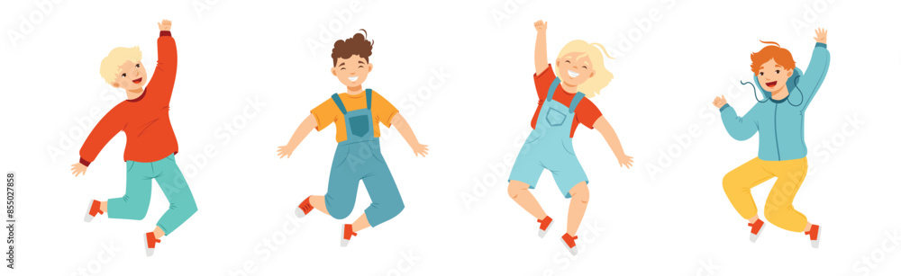 Fototapeta premium Jumping Kids Feeling Happiness and Excitement Having Fun Vector Set