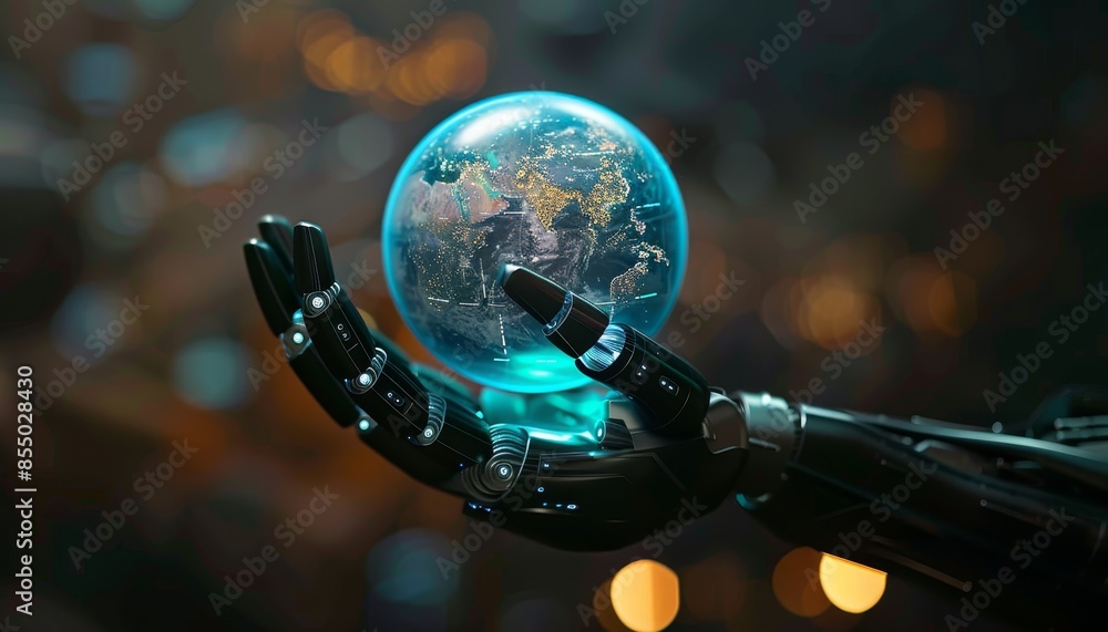 A robot is holding a globe in its hand by AI generated image A robot is holding a globe in its hand by AI generated image