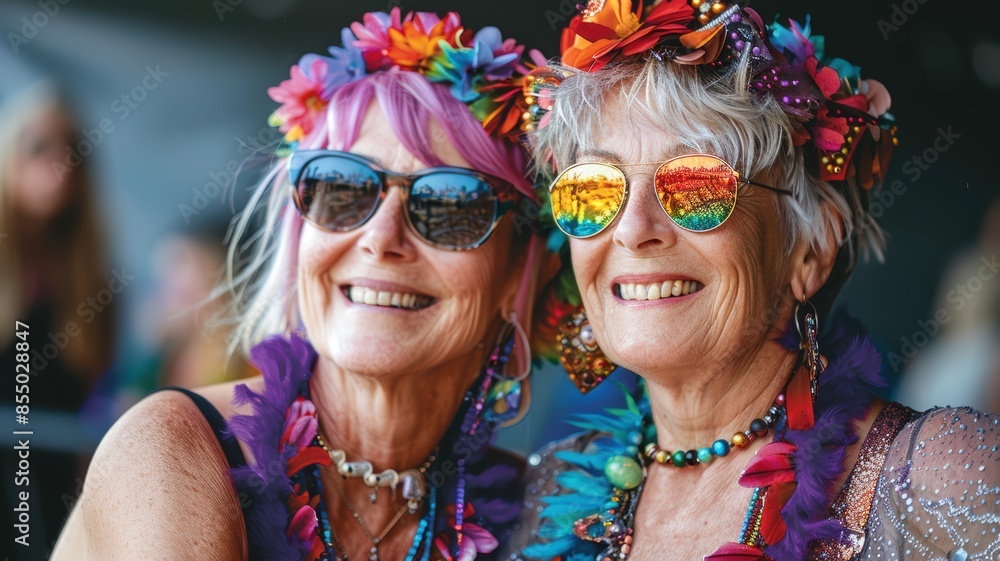 Senior gay lesbian couple kissing outside LGBTQ aged