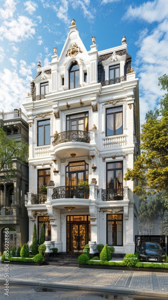 Naklejka premium a classic luxury mansion exterior, showcasing its white stone facade and meticulously designed large garden from the front view.