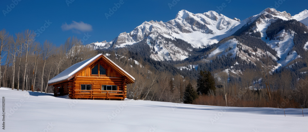 A cabin is sitting in the snow next to a mountain A cabin is sitting in the snow next to a mountain