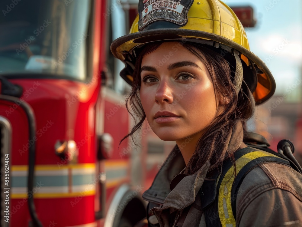 Confident female firefighter, ready to tackle emergencies with the fire engine. generative AI Confident female firefighter, ready to tackle emergencies with the fire engine. generative AI
