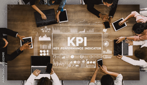KPI Key Performance Indicator for Business Concept - Modern graphic interface showing symbols of job target evaluation and analytical numbers for marketing KPI management. uds photo