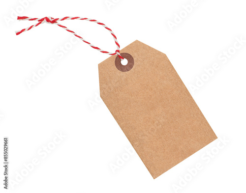 Craft paper tag with red and white jute cord isolated on transparent background