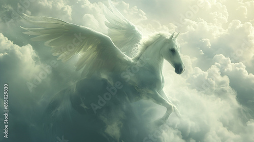 white horse with wings flying in the sky