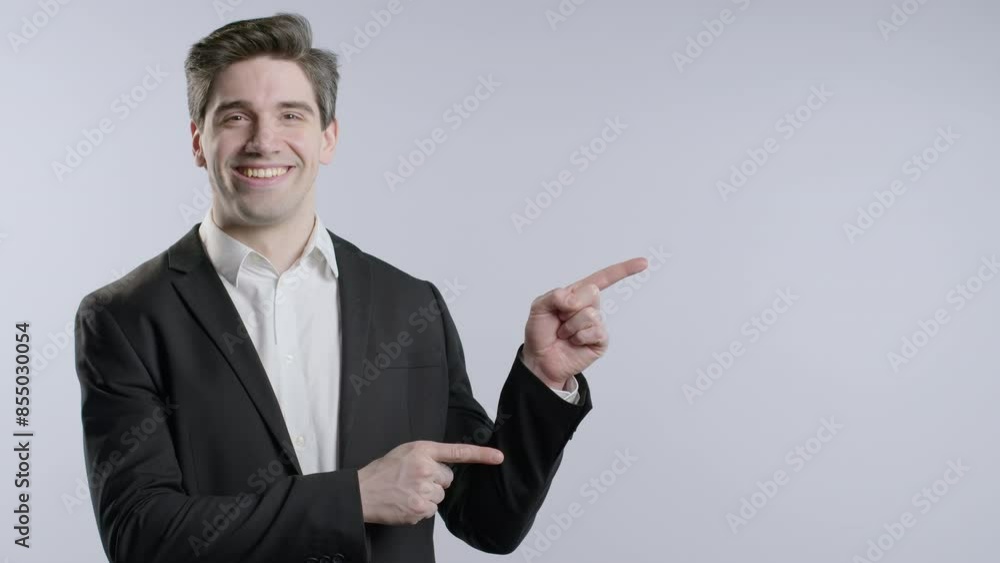 Recommending smiling businessman pointing right side, copy space or advertising Recommending smiling businessman pointing right side, copy space or advertising