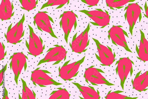 Seamless pattern with abstract pitayas on a light pink background. Bright naive fruits. Cut out pitayas from paper. Summer tropical pattern. Flat style. Vector illustration.