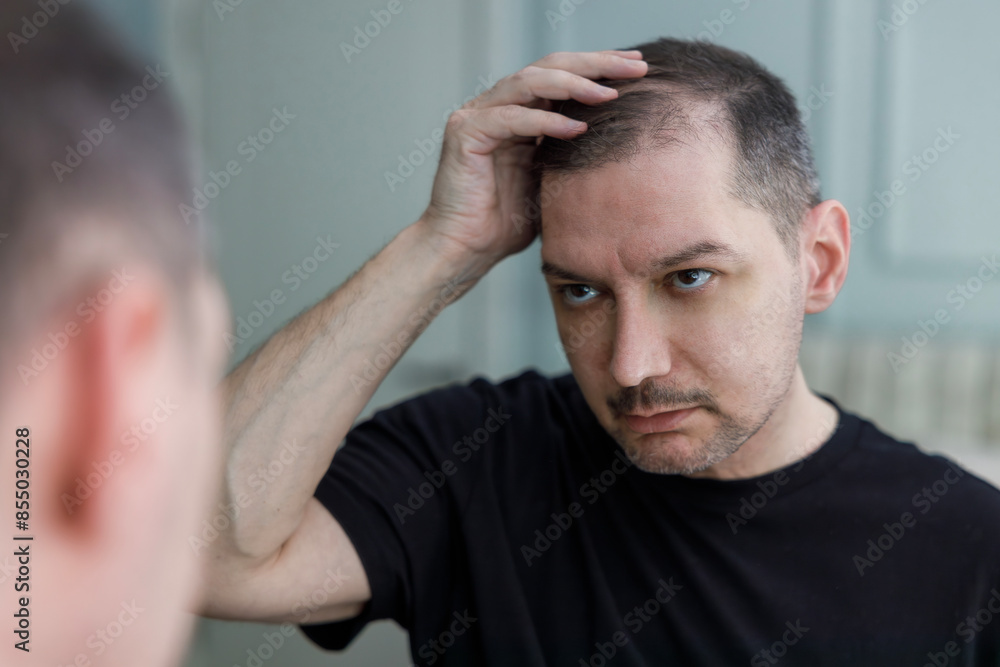 Middle aged man checking his bald spots in the mirror Middle aged man checking his bald spots in the mirror