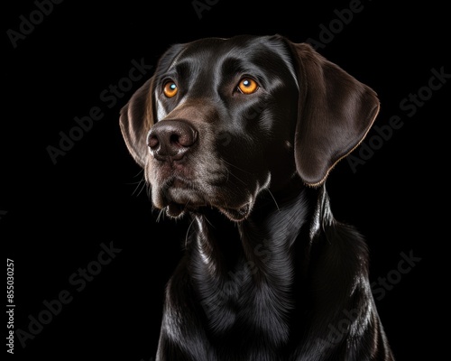 A black dog with brown eyes and a black nose. The dog is looking at the camera. The image has a moody and mysterious feel to it